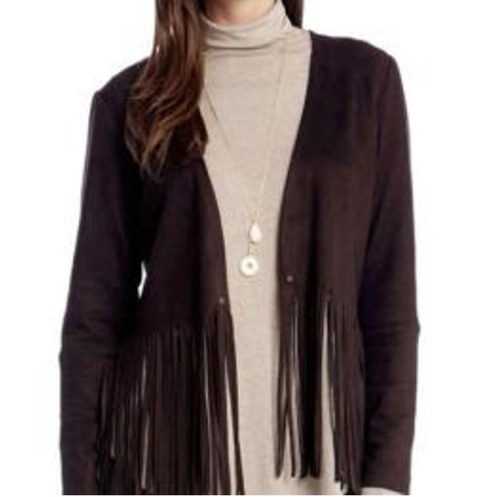 NWT Karen Kane Sz L Brown Faux Suede Fringe Open Front Jacket Rodeo Western